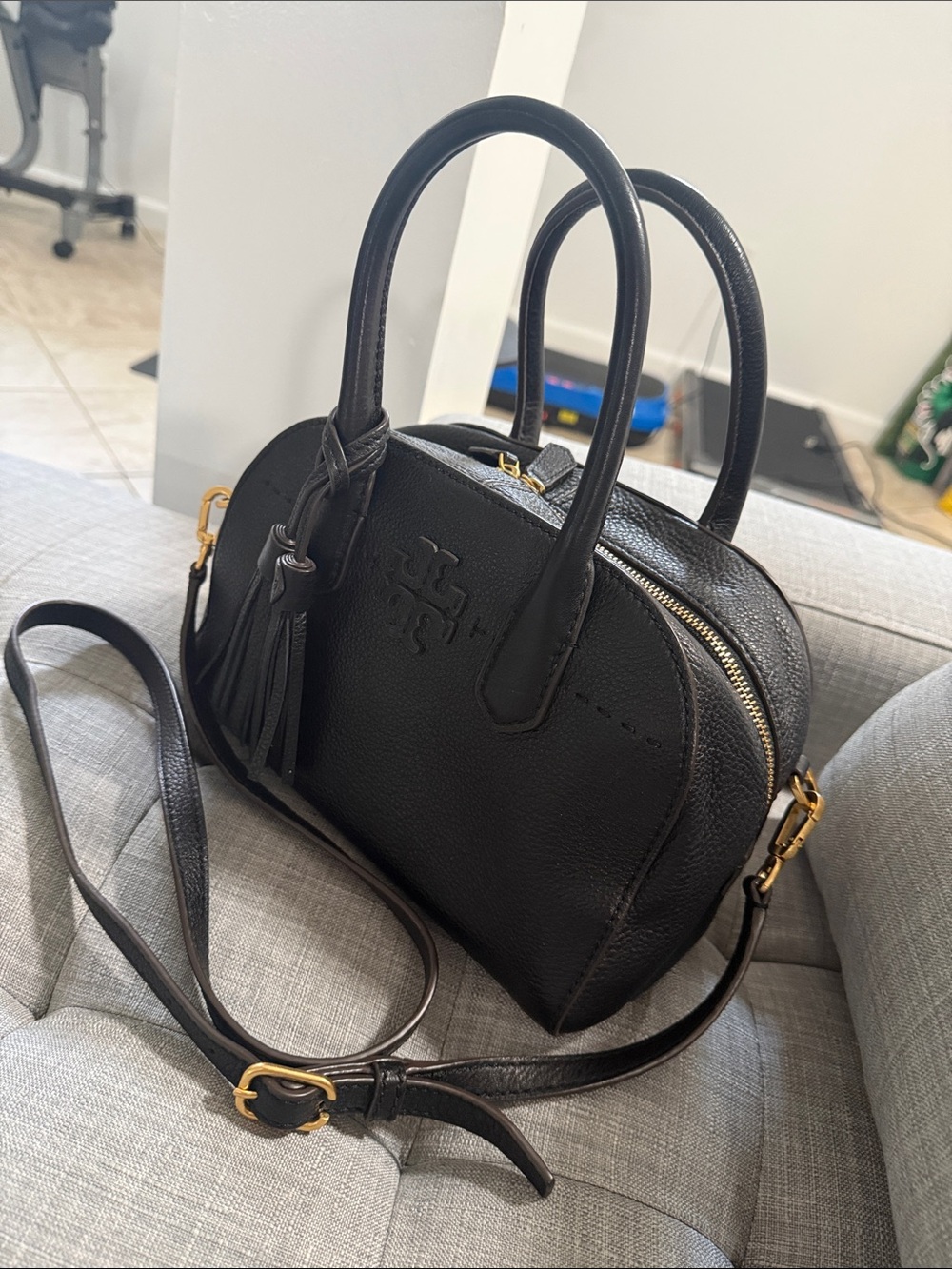 Tory Burch Black Pebbled Leather Satchel with Tassel